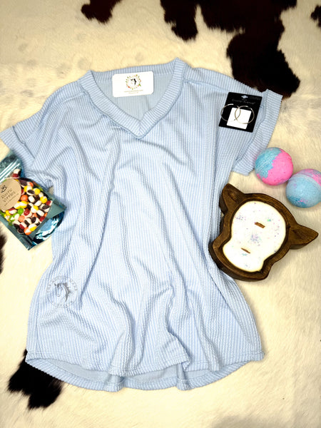Light Blue Ribbed V-Neck Top