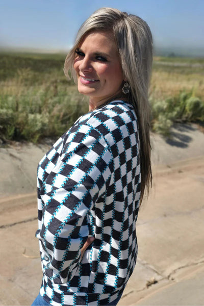 Black Checks and Turquoise Top