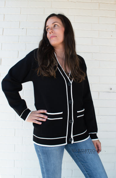 Black V-neck Cardigan with White Trim