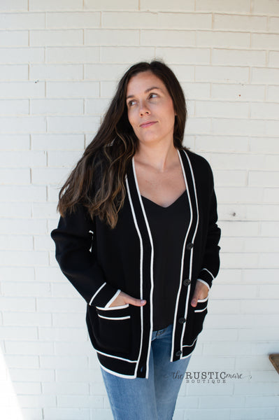 Black V-neck Cardigan with White Trim