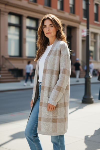 Taupe / Grey Plaid Cardigan