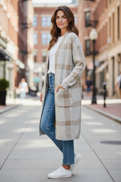 Taupe / Grey Plaid Cardigan