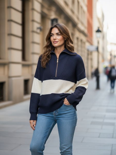 Navy and White Block Half Zip Sweater