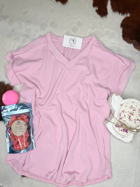 Pink Ribbed V-Neck Top