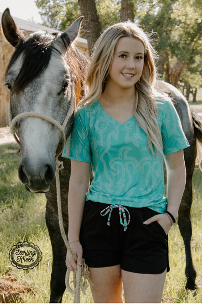 Road Trippin’ Turquoise Bootstitch Top