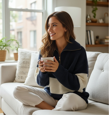 Navy and White Block Half Zip Sweater