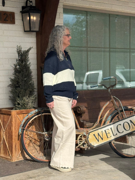 Navy and White Block Half Zip Sweater