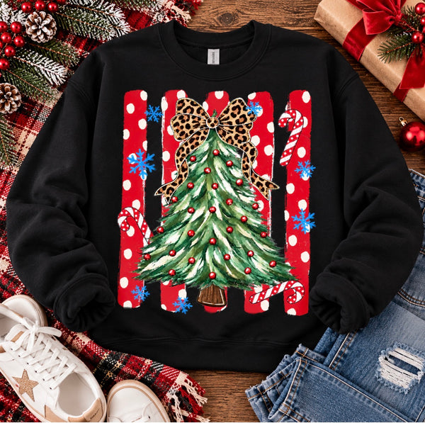 Leopard Bow Christmas Tree Tee or Sweatshirt (Black or Cream)