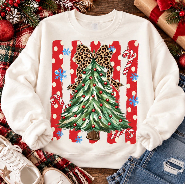 Leopard Bow Christmas Tree Tee or Sweatshirt (Black or Cream)