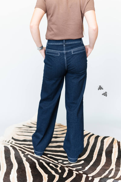 2Fly Dark Wash Stretch Denim Trouser Jeans | Wide Leg Jeans
