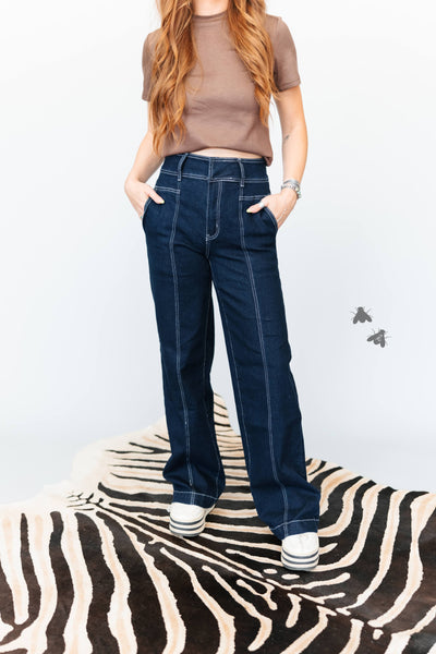 2Fly Dark Wash Stretch Denim Trouser Jeans | Wide Leg Jeans