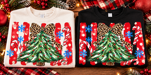 Leopard Bow Christmas Tree Tee or Sweatshirt (Black or Cream)