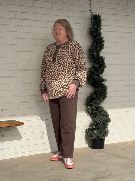 Animal Print Ribbed Henley Top