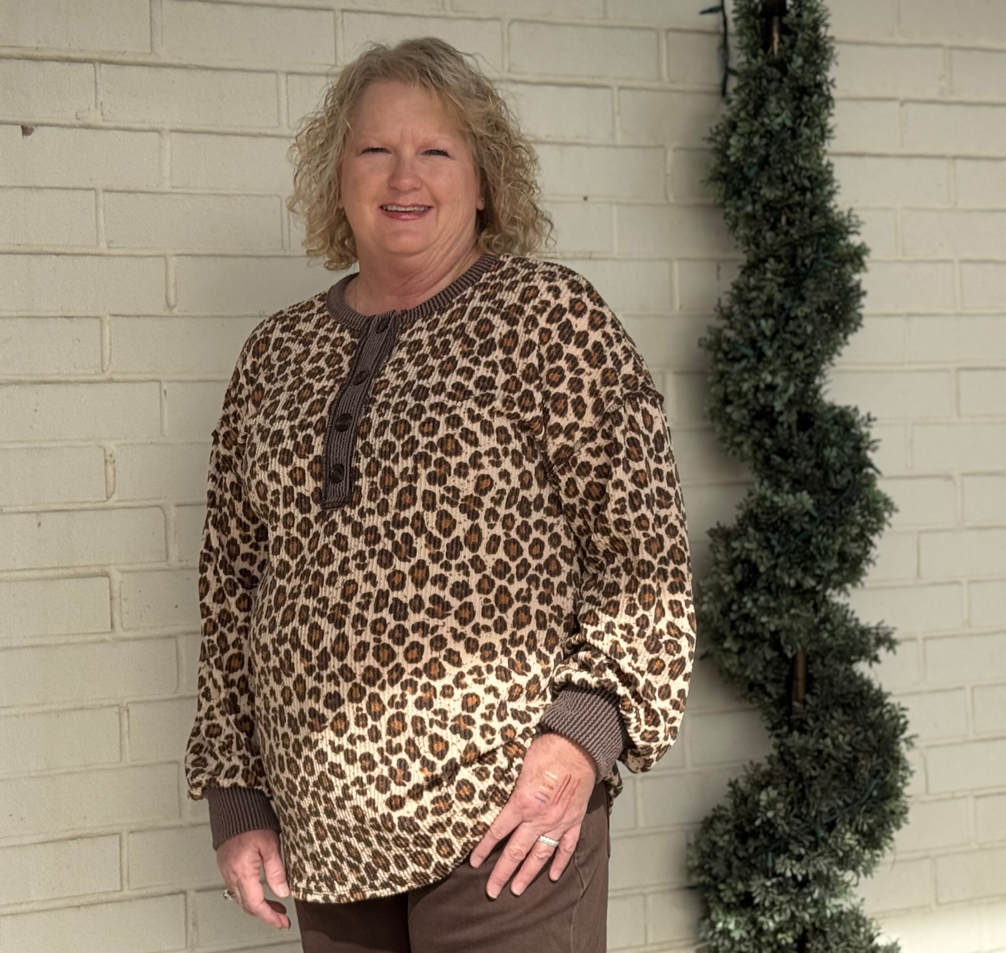 Animal Print Ribbed Henley Top