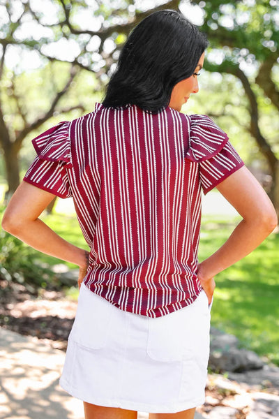 Maroon Stripe Flutter Sleeve Top