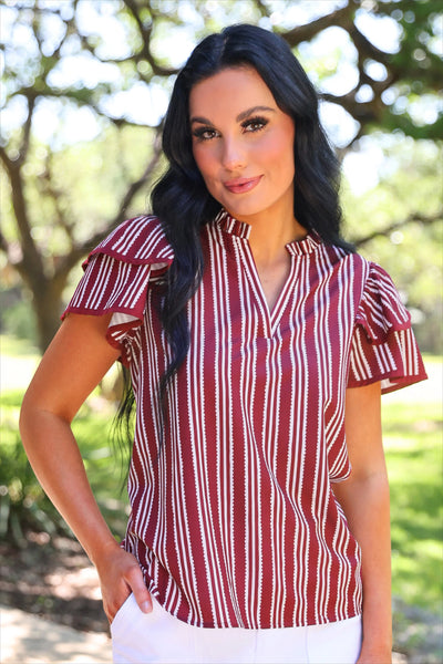 Maroon Striped Flutter Sleeve Top