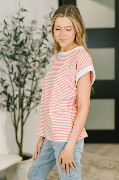 Coral Stripe Short Sleeve Top