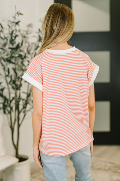Coral Stripe Short Sleeve Top