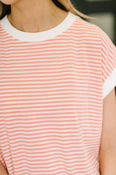 Coral Stripe Short Sleeve Top