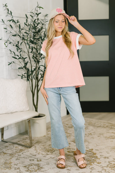 Coral Stripe Short Sleeve Top
