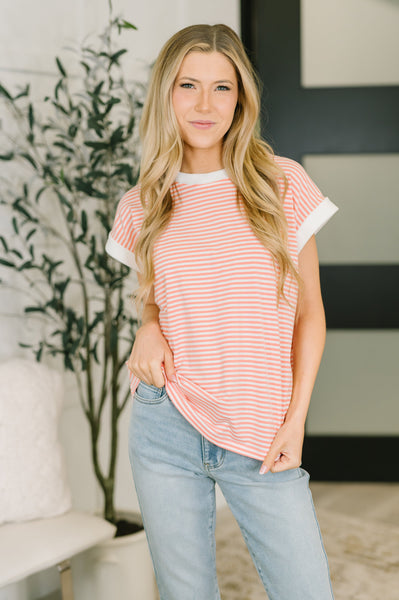 Coral Stripe Short Sleeve Top