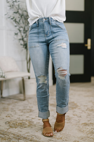 Judy Blue Patch Pocket Distressed Boyfriend Jeans