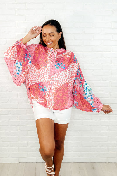 No Hesitation Mixed Print Sheer Blouse