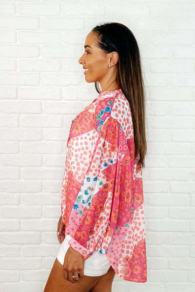 No Hesitation Mixed Print Sheer Blouse