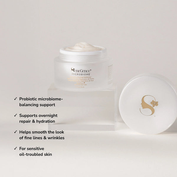 Microbiome Restorative Evening Moisturizer benefit callouts.
