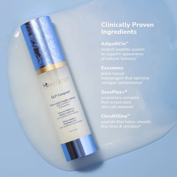 GLP Complex serum bottle on a blue surface with Clinically Proven Ingredients text overlay.