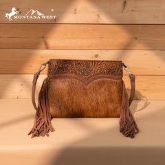 Tooled Genuine Cowhide Leather Crossbody with Leather Fringe