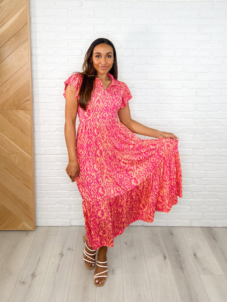Flutter Sleeve Print Dress in Fuchsia