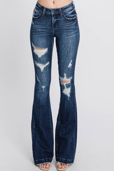 Distressed Mid Rise Trouser Flare Jeans