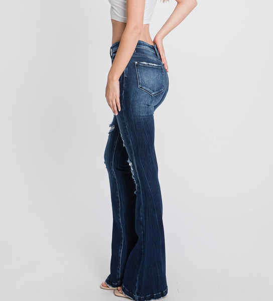 Distressed Mid Rise Trouser Flare Jeans