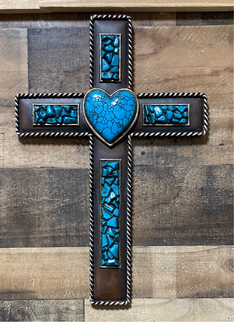 Turquoise Heart Mosaic Cross