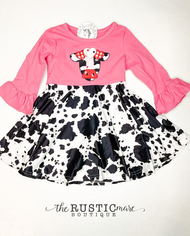Girls Pink Cow Ruffle Dress